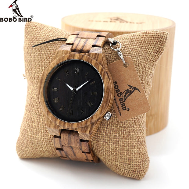 Zebra Wood Quartz Watch with Luminous Hands Gift Box for Men